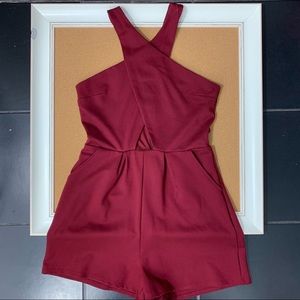 GB | maroon romper Criss cross front over shoulder